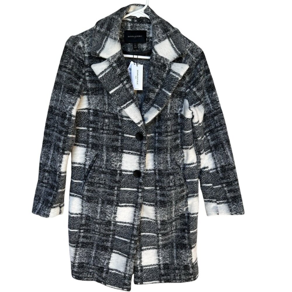 Banana Republic Black & White Plaid Wool-Blend Peacoat